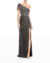 MAC DUGGAL ONE-SHOULDER DRAPED BEADED GOWN