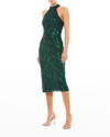 Mac Duggal Sequin Plaid Halter Neck Cocktail Dress In Bottle Green