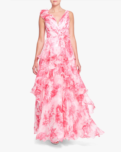 Marchesa Notte Tiered Printed Chiffon Gown In Pink