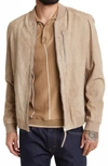 Allsaints Kemble Suede Bomber Jacket In Sand Brown