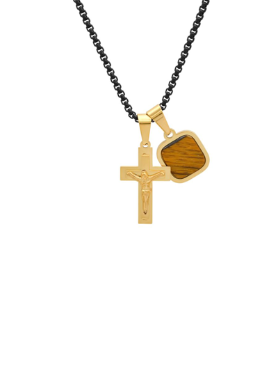 Anthony Jacobs Men's Black Ip 18k Goldplated Stainless Steel Cross & Tiger Eye Pendant Necklace