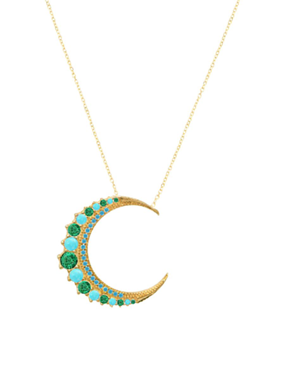 Gabi Rielle Women's Love In Bloom 14k Gold Sterling Silver, Crystal & Turquoise Moon Pendant Necklace