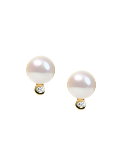 Anzie Women's Cleo 14k Yellow Gold, 8mm Round Pearl & Diamond Earrings