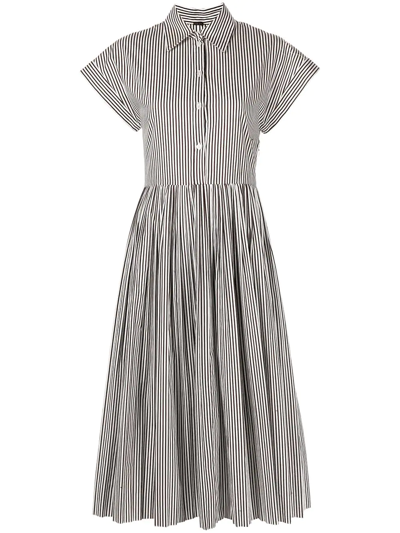 Adam Lippes Pleated Striped Poplin Midi Shirt Dress In Chocolate/white