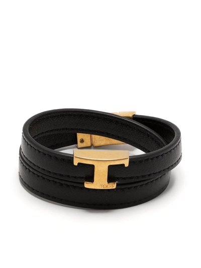 Tod's Logo-plaque Leather Bracelet In Black