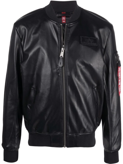 Alpha Industries Logo-patch Faux Leather Bomber Jacket In Black