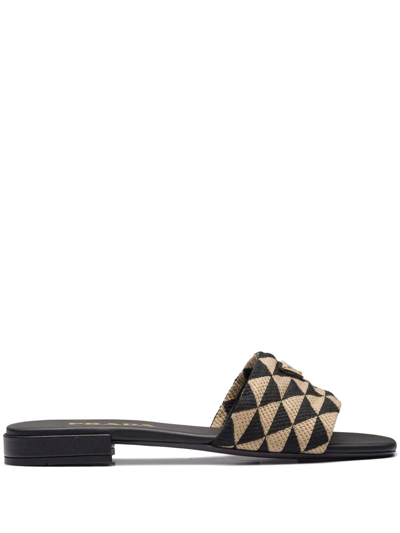 Prada Geometric Logo-plaque Slides In Schwarz