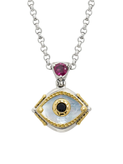 Konstantino Evil Eye Mother-of-pearl Pendant Necklace With Rhodolite And Black Spinel In Silver