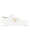 Prada Downtown Leather Tonal Sneakers With Metal Logo In White