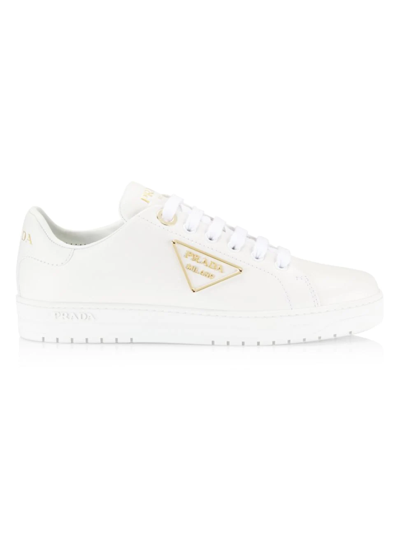 Prada Downtown Leather Tonal Sneakers With Metal Logo In White