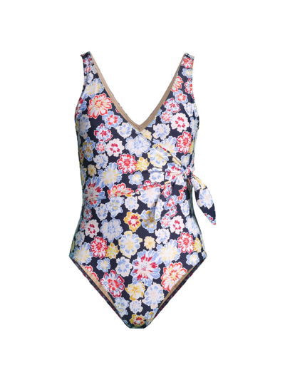 Tanya Taylor Kelly Floral-print Wrap One-piece Swimsuit In Blue