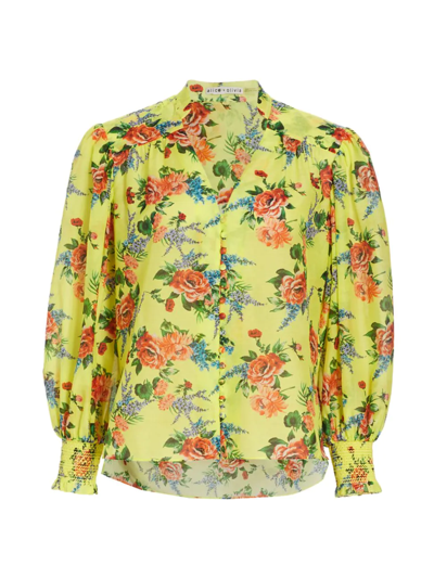 Alice And Olivia Serena Smocked Floral-print Cotton And Silk-blend Blouse In Yellow