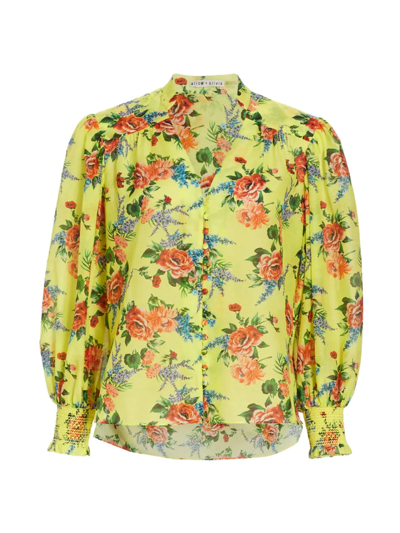 Alice And Olivia Serena Smocked Floral-print Cotton And Silk-blend Blouse In Nocolor