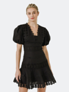 Endless Rose Plunging Lace Trim Dress With Puff Sleeve In Black