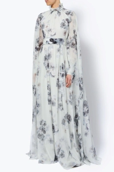 Erdem Macie Floral Long Sleeve Silk Voile Gown In Pale Blue Multi
