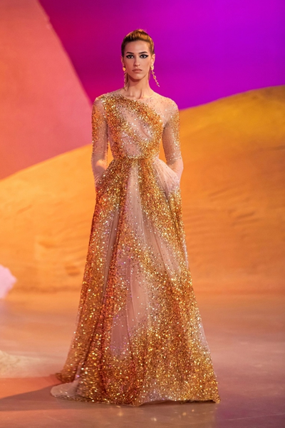 Georges Hobeika Illusion Beaded Long Sleeve Gown In Beach Ball | ModeSens