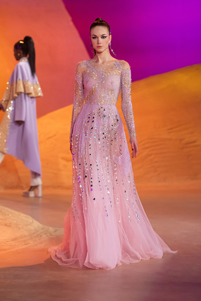Georges Hobeika Long Sleeve Illusion Beaded Gown