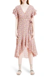 Max Studio Ruffle Crepe High/low Wrap Midi Dress In Coral Carnation Mix