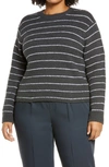 Vince Stripe Pebbled Organic Cotton Blend Sweater In Dark Tide/ Optic White
