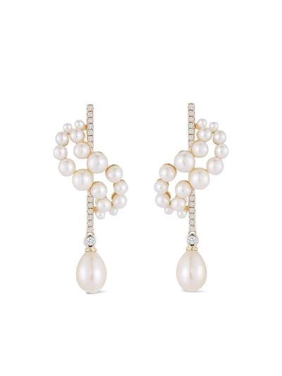 MATEO 14KT YELLOW GOLD PEARL AND DIAMOND CURVE FORM DROP EARRINGS