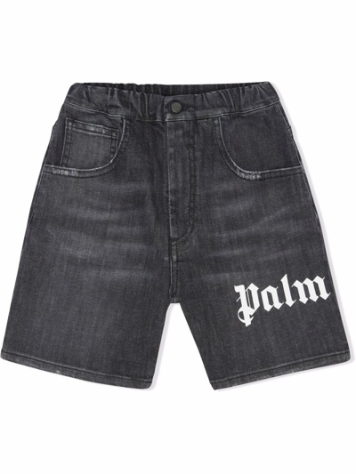 Palm Angels Kids' Logo-print High-waisted Denim Shorts In Black
