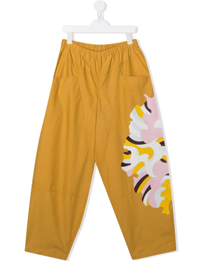 Emilio Pucci Junior Kids' Graphic-print Elasticated Cotton Trousers In Yellow