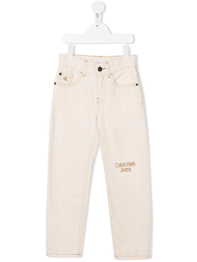 Calvin Klein Kids' Straight Logo-embroidered Jeans In Neutrals