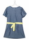 Moncler Blue Denim Ruffle Sleeve Dress With Contrast Belt In Blue