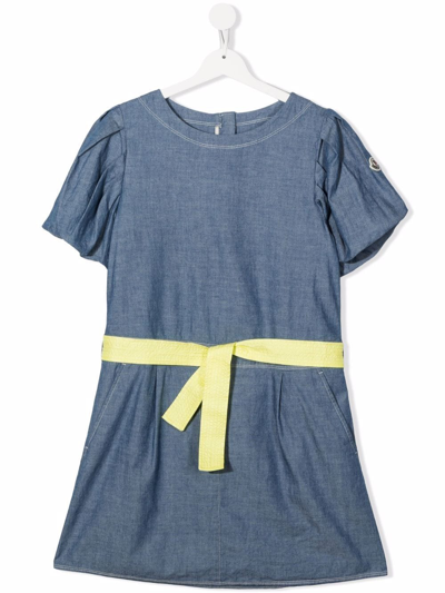 Moncler Kids' Blue Denim Ruffle Sleeve Dress With Contrast Belt In Blau