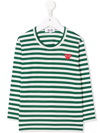 Comme Des Garçons Play Kids' Heart Logo Embroidered Striped Cotton T-shirt In Green