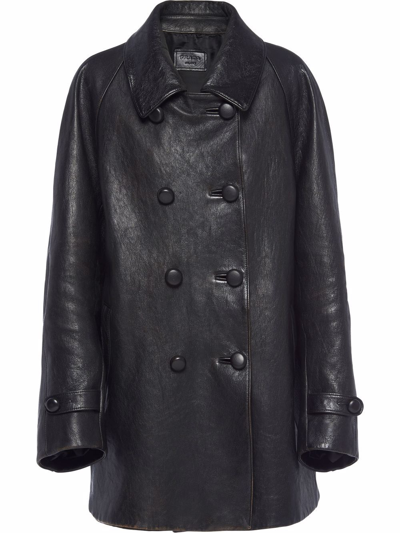 Prada Double-breasted Leather Caban Jacket In Black