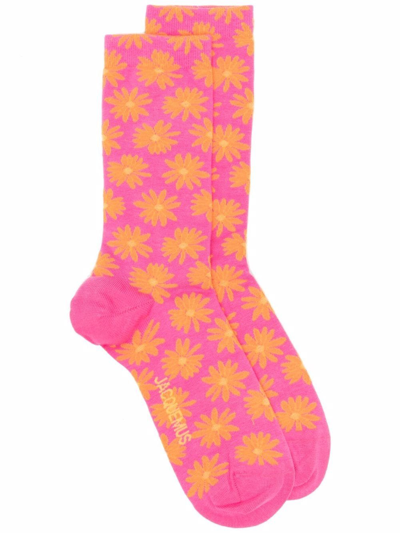 Jacquemus Floral Intarsia-knit Cotton Socks In Pink