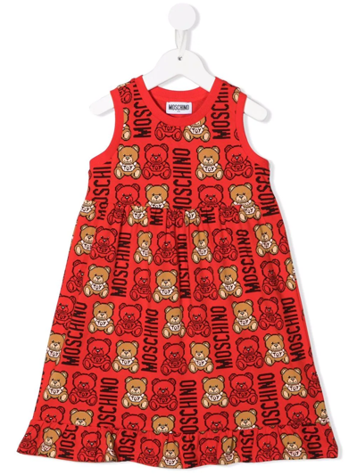 Moschino Kids' Teddy Bear-motif Cotton Dress In Rosso
