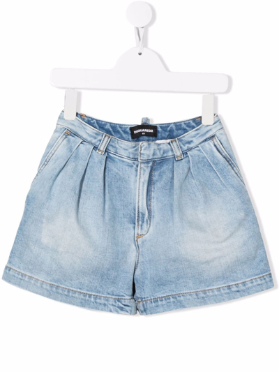 Dsquared2 Kids Light Blue Denim Shorts With Pleats In Denim Chiaro