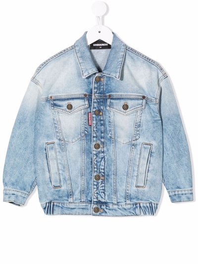 Dsquared2 Kids' Acid-wash Button-up Denim Jacket In Blue