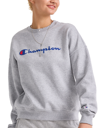 Champion Women's Logo Fleece Crewneck Sweatshirt In Oxford Gray