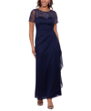 Xscape Beaded Short Sleeve Chiffon Gown In Navy