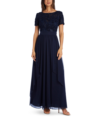 R & M Richards Sequin & Ruffle Gown In Navy Blue