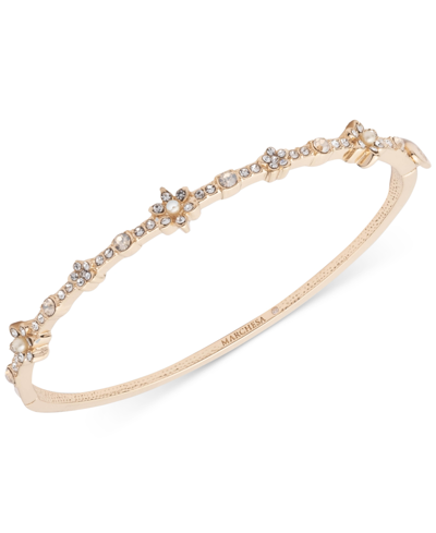Marchesa Crystal & Imitation Pearl Flower Bangle Bracelet In Silver