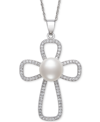 BELLE DE MER CULTURED FRESHWATER BUTTON PEARL (10MM) & CUBIC ZIRCONIA CROSS 18" PENDANT NECKLACE IN STERLING SILV