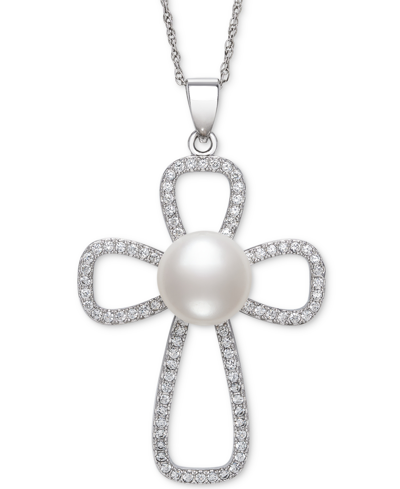 Belle De Mer Cultured Freshwater Button Pearl (10mm) & Cubic Zirconia Cross 18" Pendant Necklace In Sterling Silv In Sterling Silver