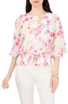 Chaus Smocked Dolman Top In Cream/ Coral/ Fuchsia