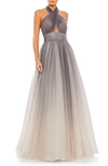 Mac Duggal Sequin Halter Neck A-line Tulle Gown In Charcoal Ombre