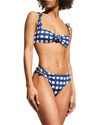 Jacquemus Gingham Knot Eco Bikini Top In Navy Checks