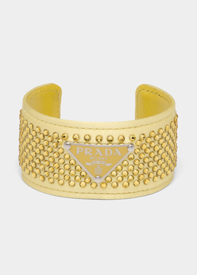 Prada Triangle Logo Crystal Leather Cuff In Pineapple Yellow