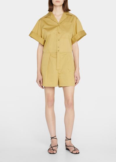 Tibi Button-front Collared Shorts Jumpsuit In Khaki