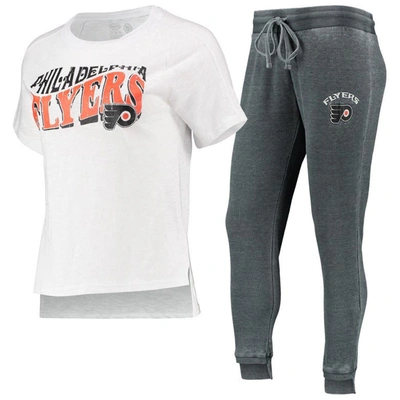 Concepts Sport Charcoal/white Philadelphia Flyers Resurgence Slub Burnout Raglan T-shirt & Joggers S In Charcoal,white