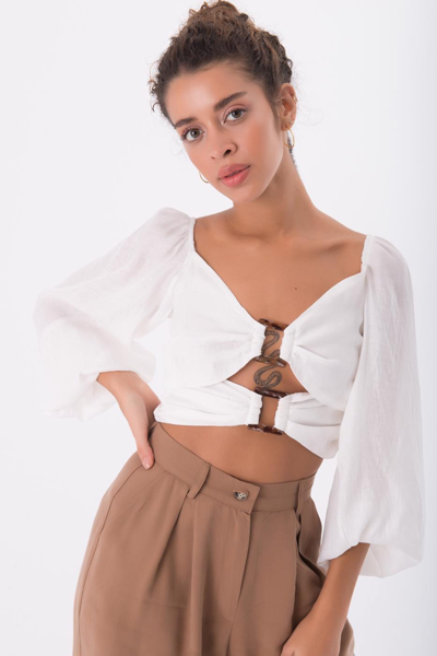 Bsl Balloon Sleeve Cut-out Blouse In White