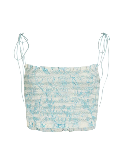 Alice And Olivia Kathlyn Cropped Ruffled Smocked Printed Voile Top In Antique Butterfly Off White