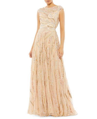 Mac Duggal Embellished Cap-sleeve Gown In Nude